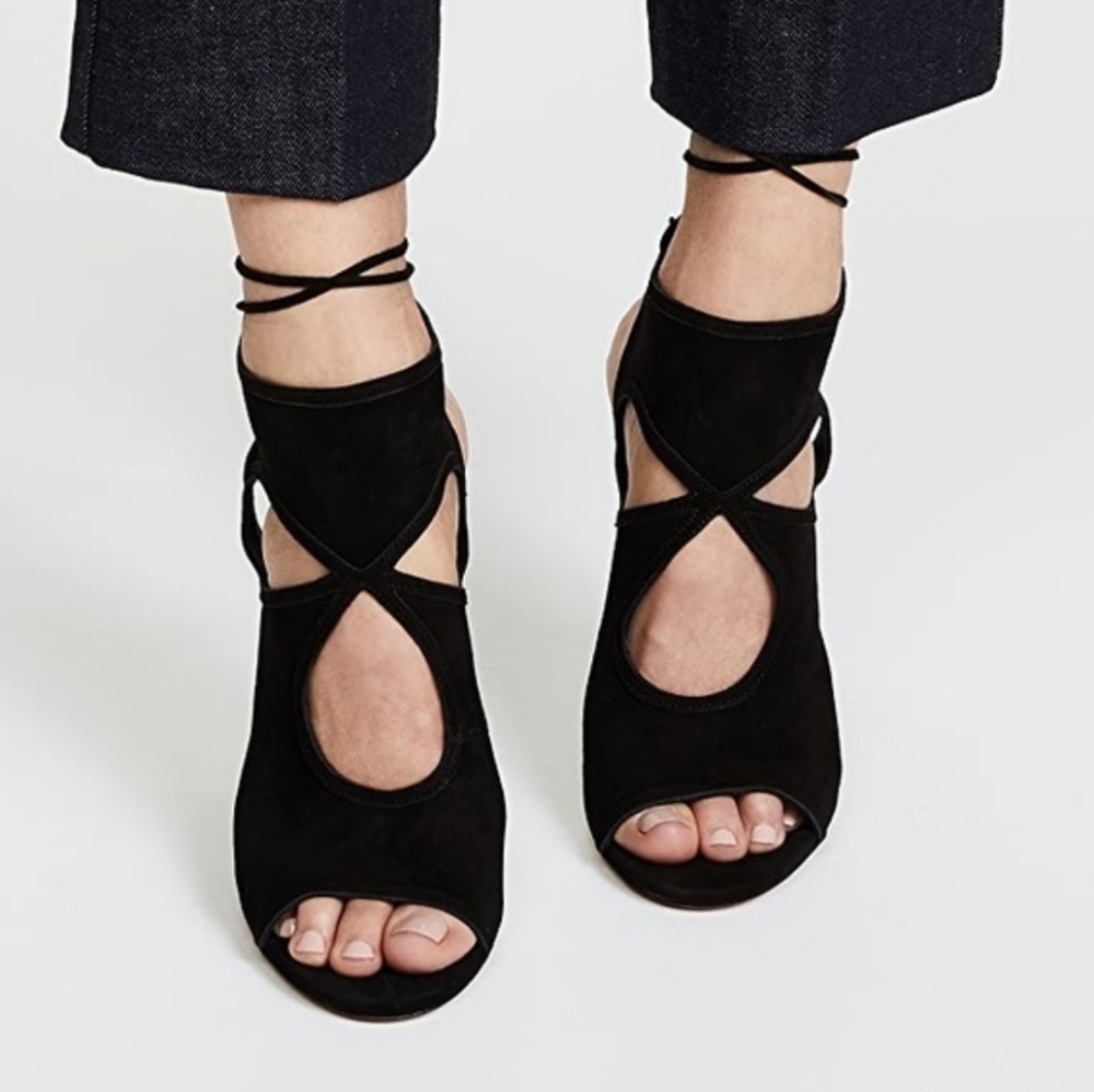 Aquazzura Black Suede Cut-Out Ankle Tie Sandals Heels